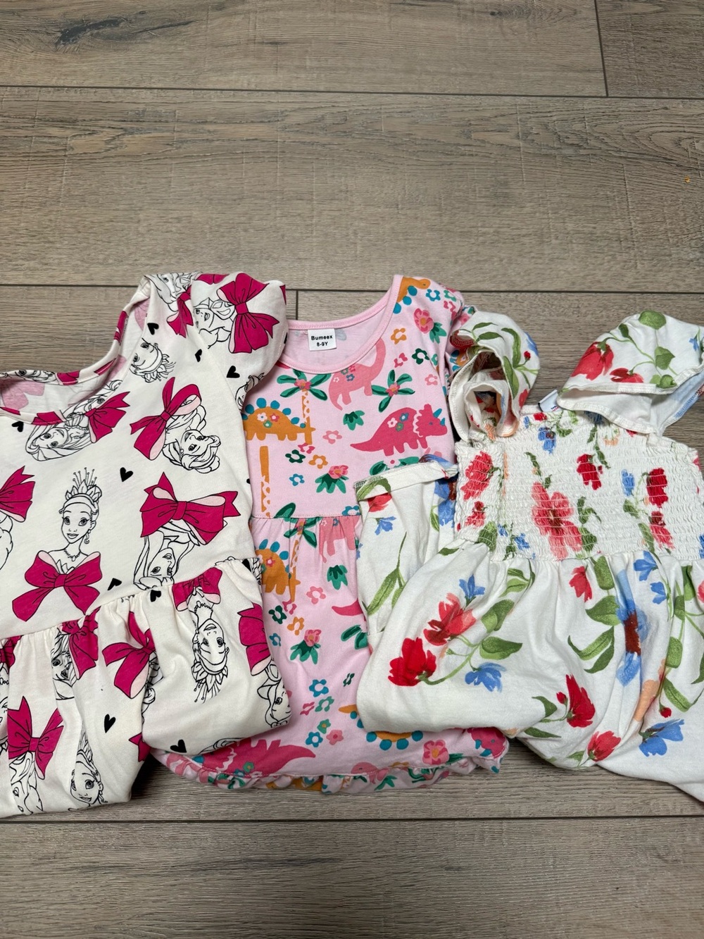 Girls Pink Dinosaur & Floral Dresses - 3-Pack